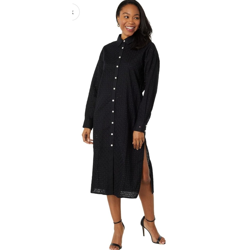 NWT Tommy Hilfiger Shirt Dress Women M Black Eyelet Midi Long Sleeve Slit